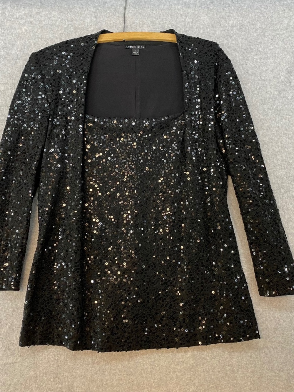 Lafayette 148 Size L • Black Sequin Long Sleeve Top • Square Neck